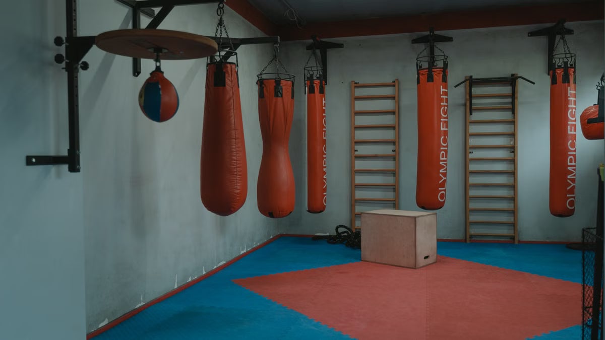 Interior view of a gym with boxing bags and equipment, designed for fitness enthusiasts.